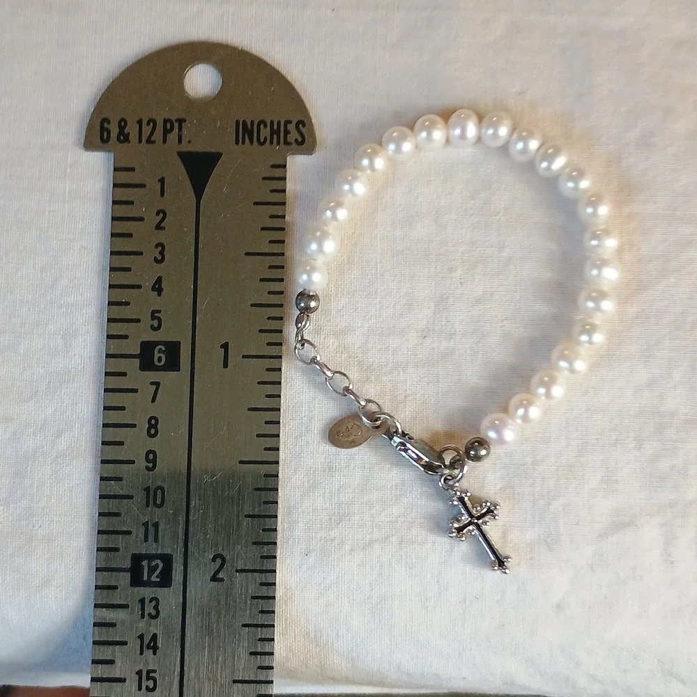 Baby Pearl And Sterling Silver Baby Bracelet With Cross Charm